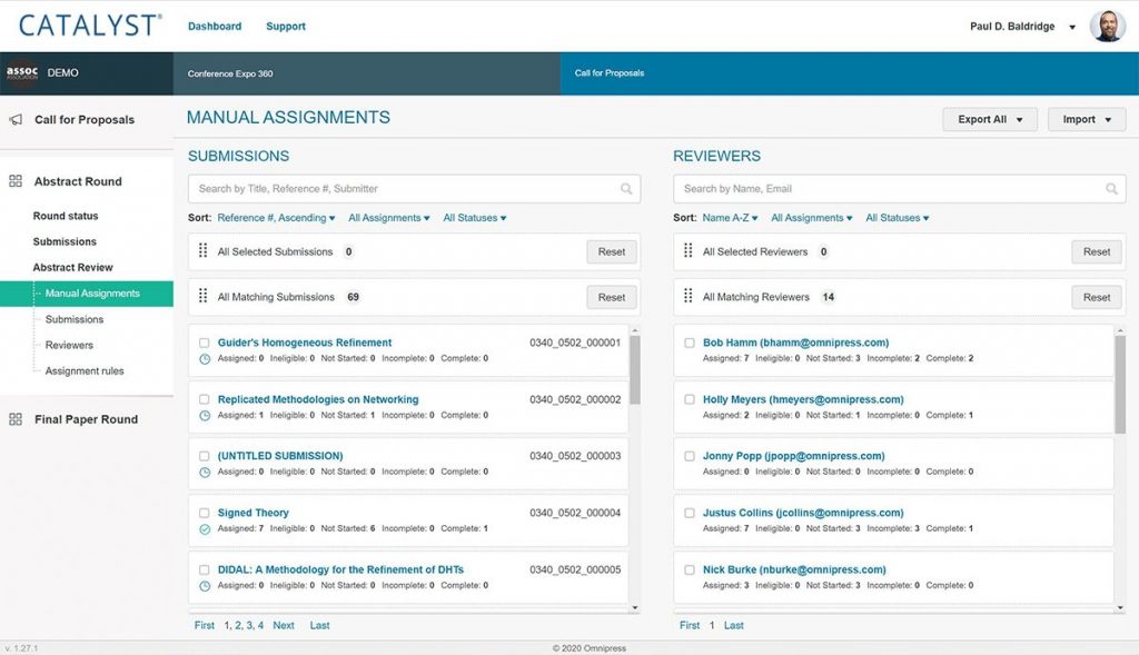 Screenshot of CATALYST Abstract Management SoftwareManual Reviewer Assignments