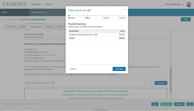Screenshot of CATALYST Abstract Management Software Secure Payment Collection Screen