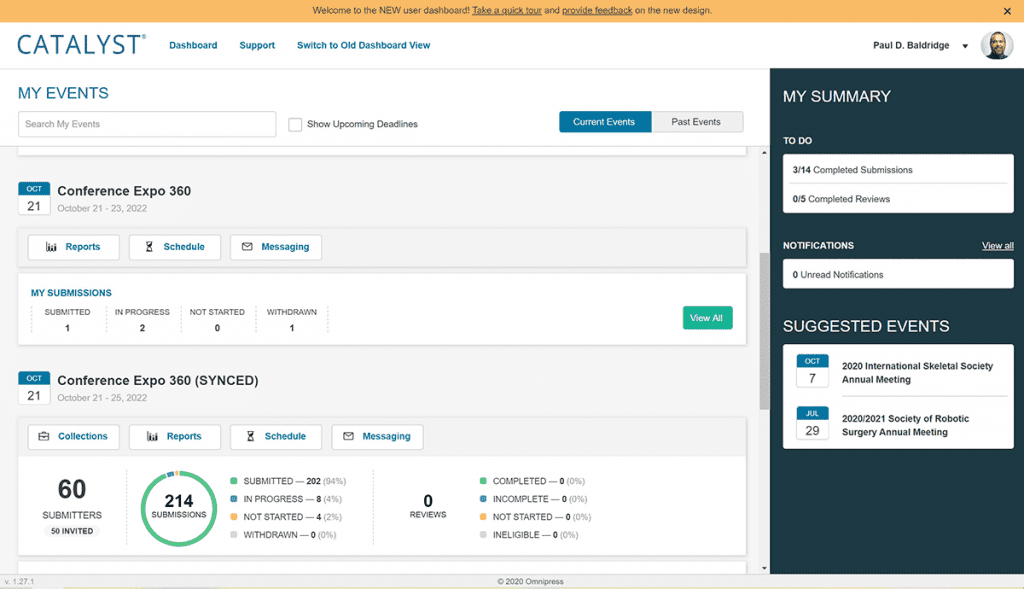 Screenshot of CATALYST Abstract Management Software Event Admin Dashboard