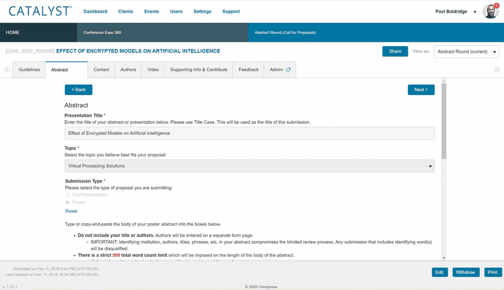 Screenshot of CATALYST Abstract Management Software Paper Submission