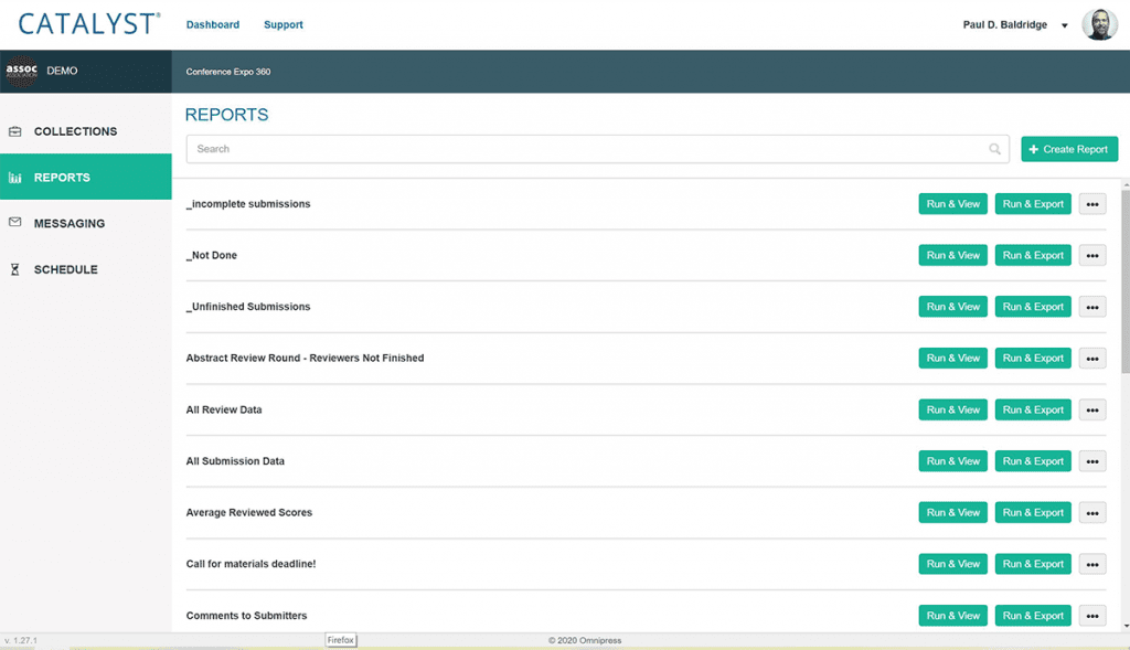 Screenshot of CATALYST Abstract Management Software Standard Reporting